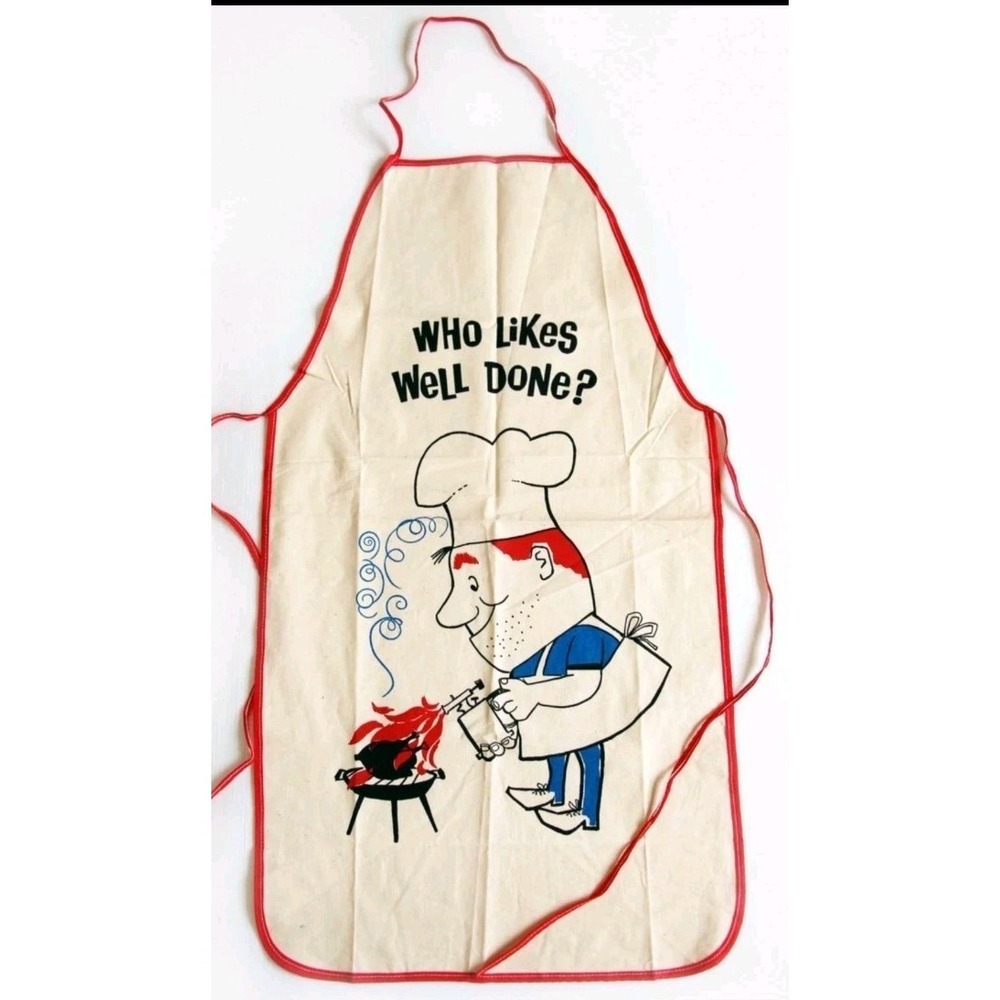 Novelty Who Likes Well Done Apron Cartoon Stomach Pump retro vintage kitsch